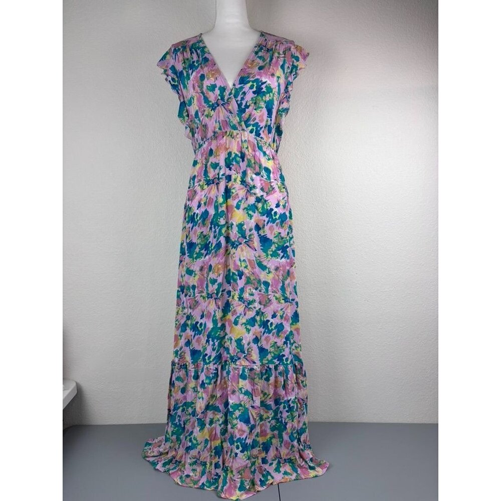Suncoo Paris women's T3 large pink multicolored wrap front Caya maxi dress